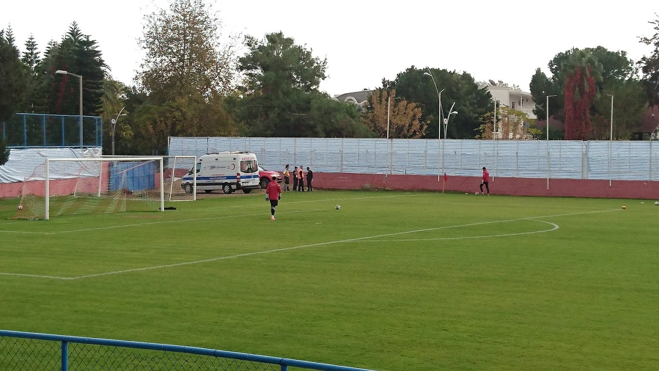 Surface de réparation sur un terrain de football en herbe pendant l'entraînement, avec des plots, des ballons et une ambulance derrière le but.