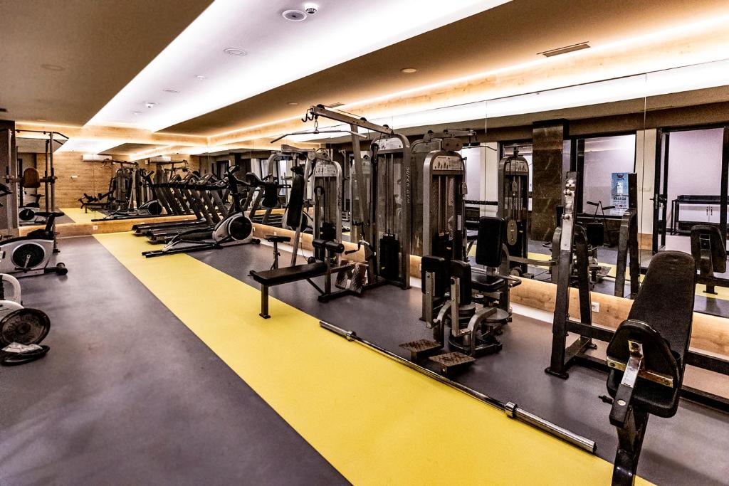 Salle de sport intérieure avec tapis de course, appareils de musculation, bancs et mur miroir pour l'entraînement.