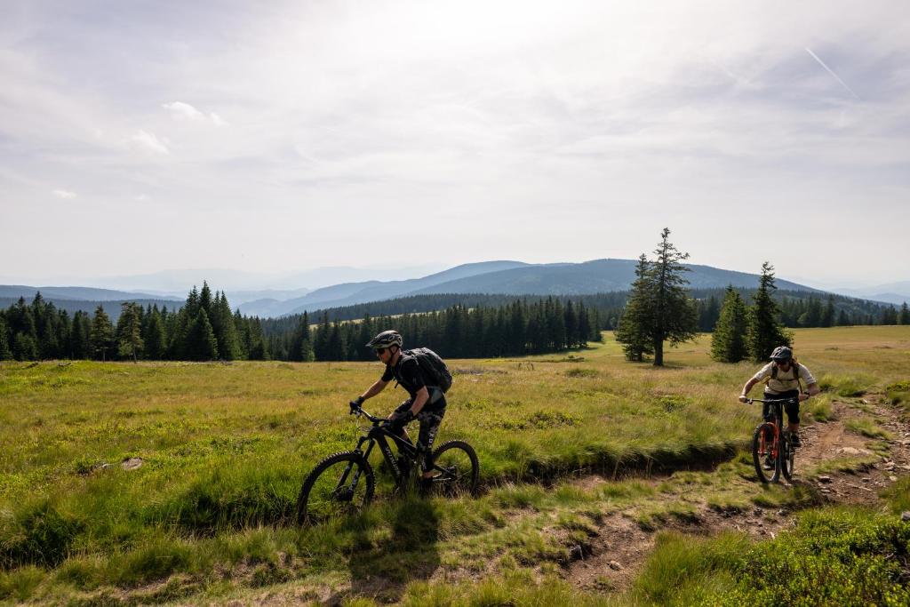 Two cyclists riding a mountain trail across open alpine meadow.