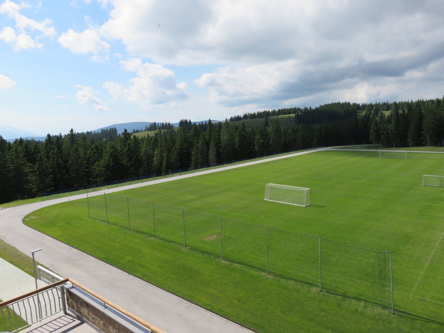 Large grass football field with goals, fencing and forest views.