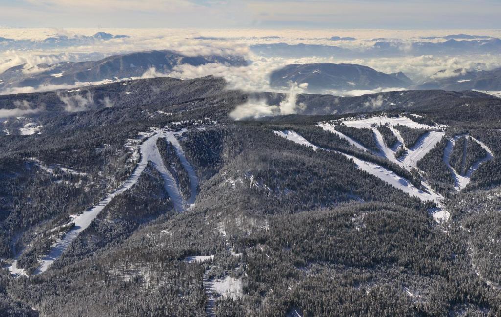 Aerial view of ski slopes and forested mountain ridges above the clouds.