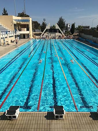 Outdoor competition pool with swimmers training across marked lanes in daylight.