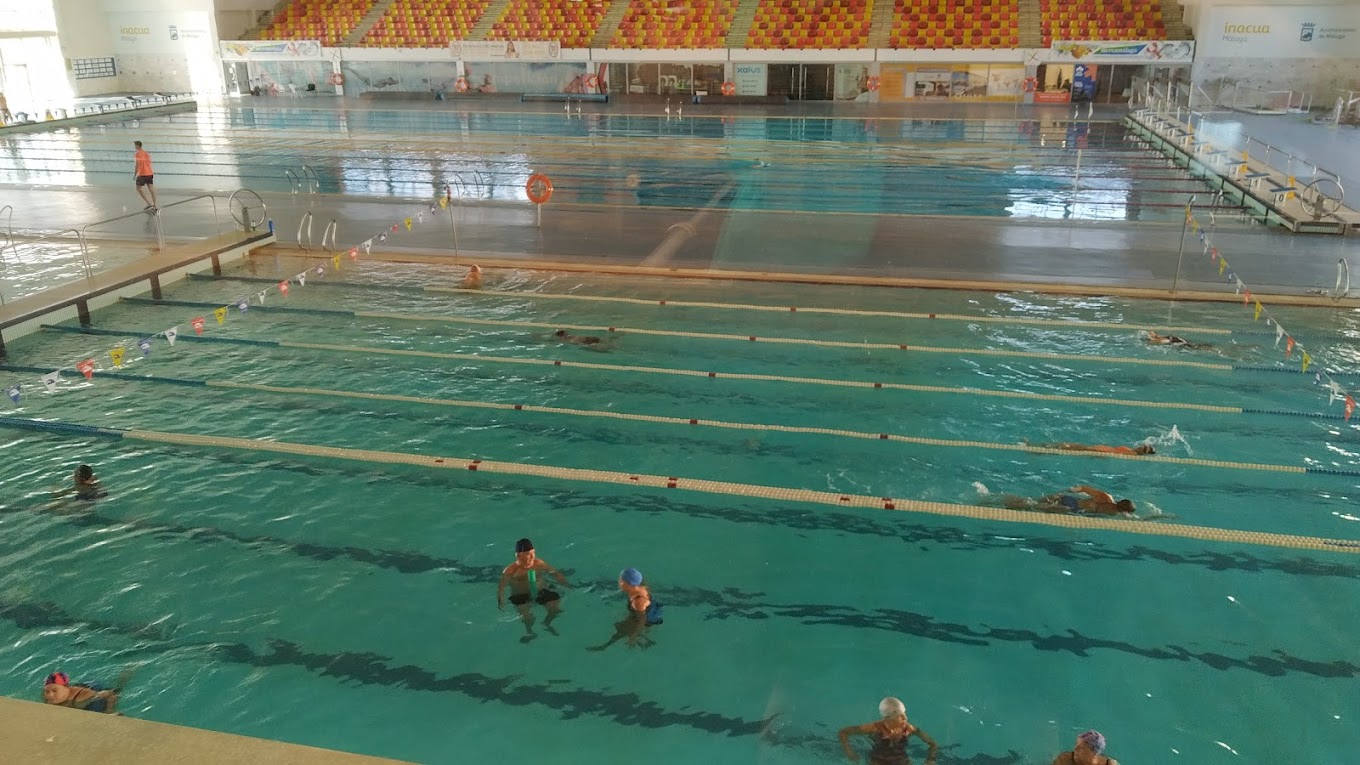Indoor pool with multiple swimmers using lap lanes beneath spectator seating.