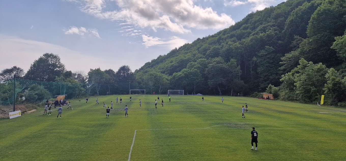 Forest-surrounded football pitch with teams playing on the field.