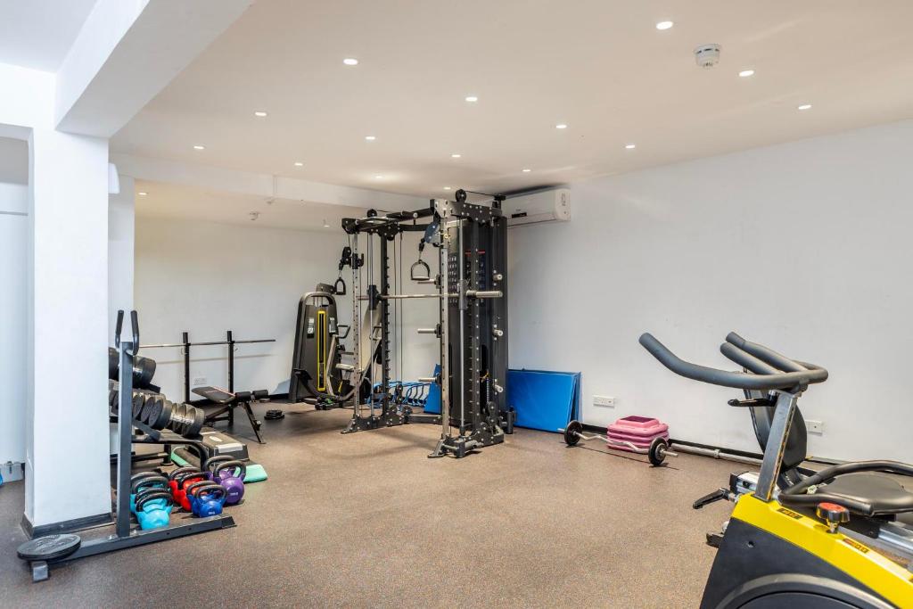 Fitness hall with cable trainer, kettlebells, spin bike, and free weights