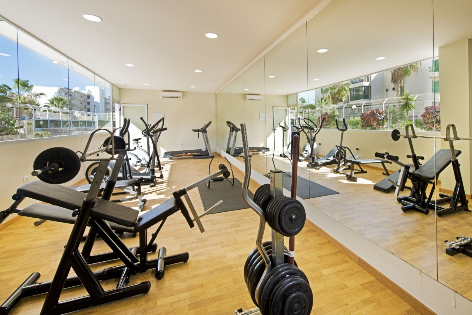 Gym with weight bench, free weights, cardio machines, and a mirrored wall.