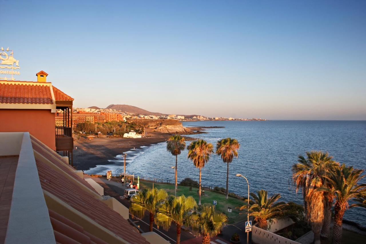 Coastline and ocean view from an upper-floor terrace with palm trees below.