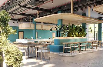 Modern dining area with turquoise walls, wooden tables, and indoor plants