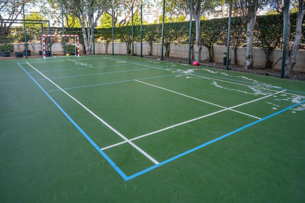 Außen-Hartplatz mit Linienmarkierungen und Futsal-Tor, von Zaun und Bäumen umgeben, für Übungen.