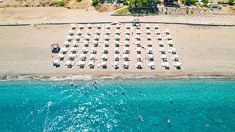 Aerial view of beach rows of sun loungers beside turquoise sea; swimmers near shore.