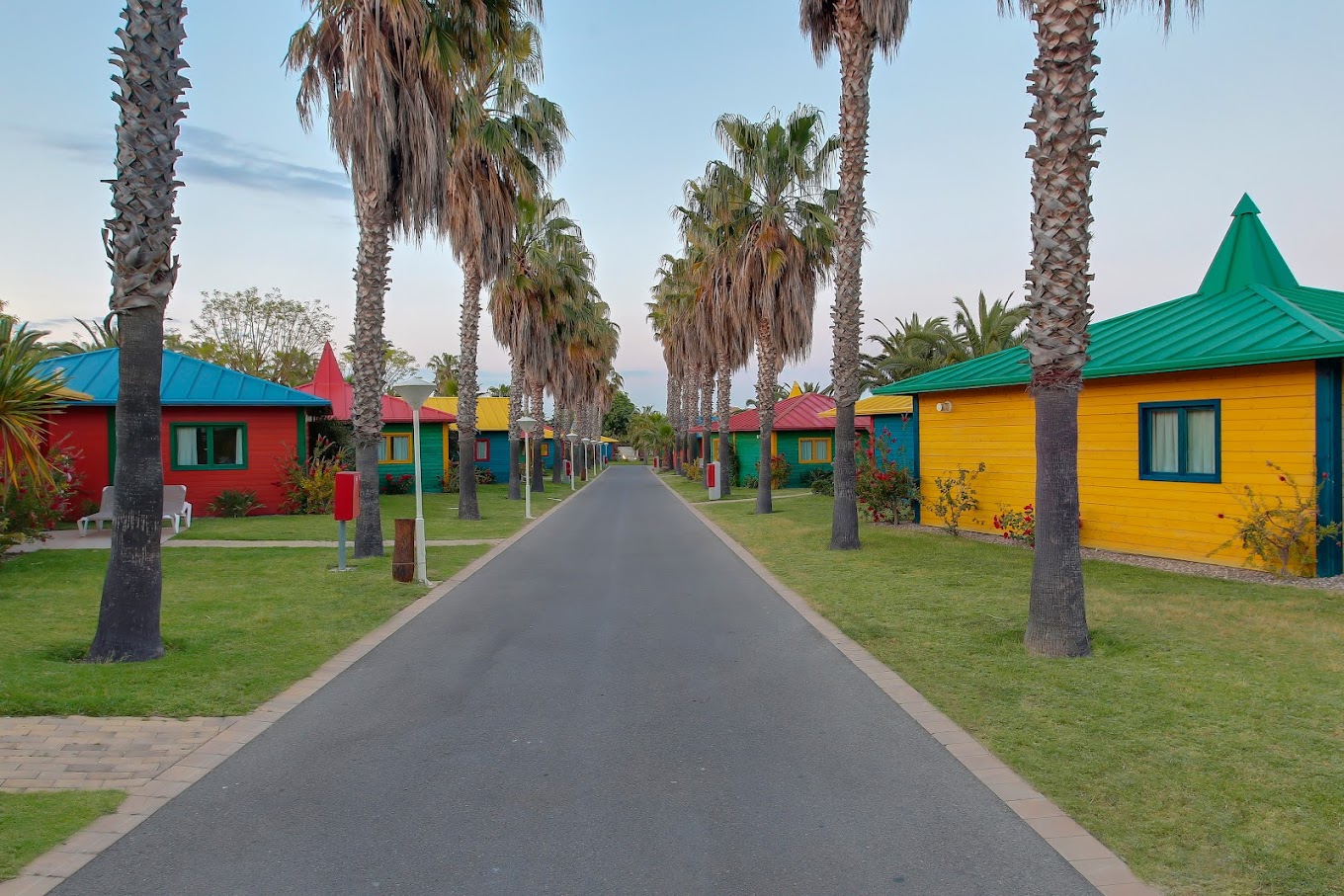 Route bordée de palmiers traversant les bungalows colorés du complexe.