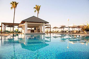 Outdoor pool with central pavilion bar, loungers and palm trees.