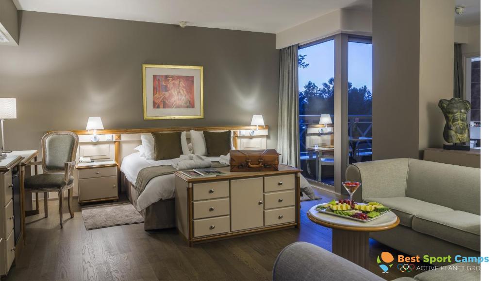 Spacious guest room with double bed, seating area and balcony access.