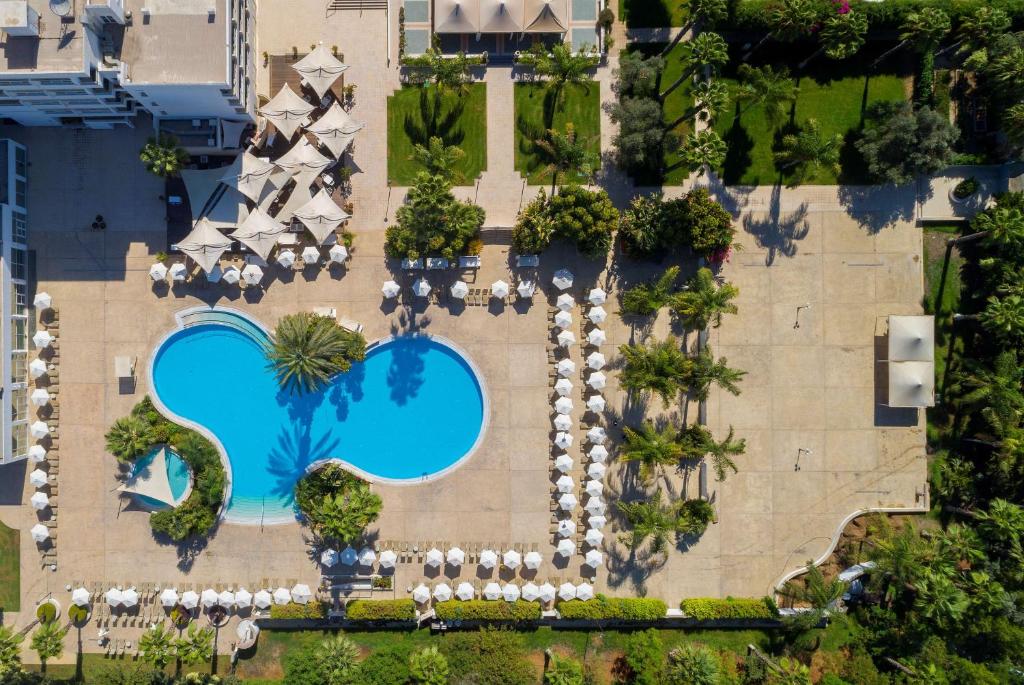 Aerial view of the outdoor pool terrace and garden layout.
