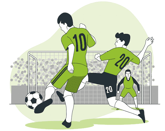 Three football players, green shirts and green background. One attacker, one defense and one goalkeeper. The attacker is trying to score a goal.