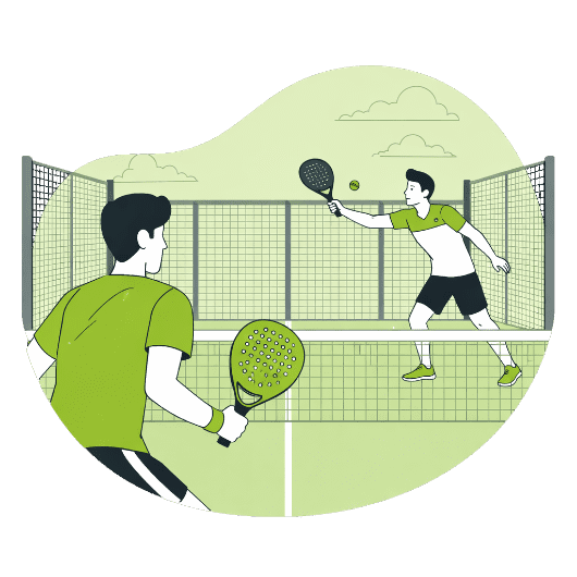 Illustration of two padel players in green outfits rallying on a fenced court, athletes practicing padel drills during a training session