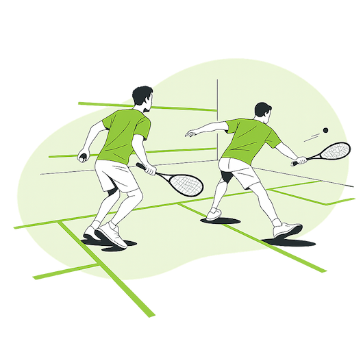 Two squash players in green shirts chase the ball on an indoor court, with one stretching out to return a shot
