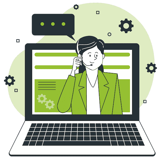 Website assistant offering support to the user. Green background, assistant coming out of the laptop with speech bubble.