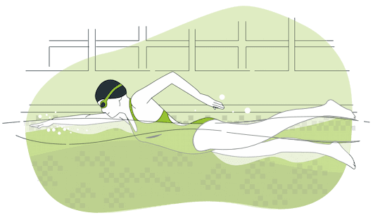 Swimmer in a swimming pool with green background, swimming to the left, with swimming cap and swimming glasses