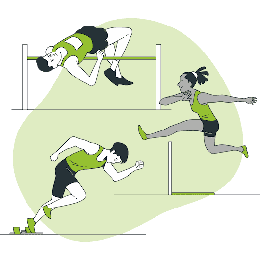 Three athletics performers, green background. Running, jumping, and running.