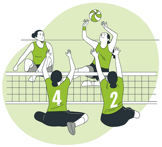 4 players playing volleyball, green background, 2 players on one team, and 2 on the other.