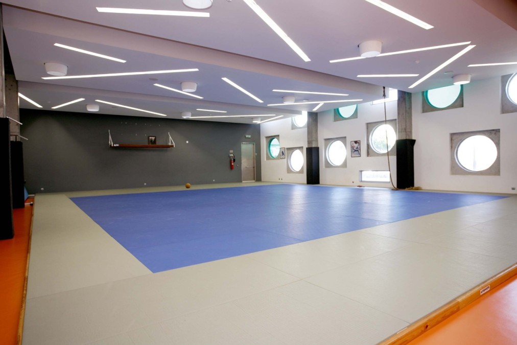 Innenhalle im Dojo-Stil mit Tatami-Matten und freier Fläche fürs Training.