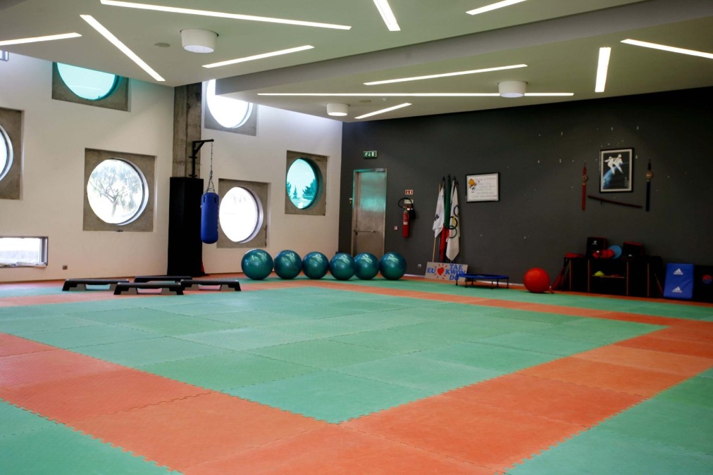 Gepolsterte Kampfsporthalle mit Boxsack und Gymnastikbällen für Übungen.