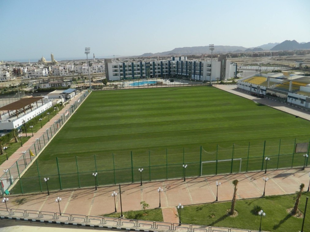 Grünes Fußballfeld mit Toren, umzäuntem Bereich und Trainingszonen in der Nähe eines Sportkomplexes