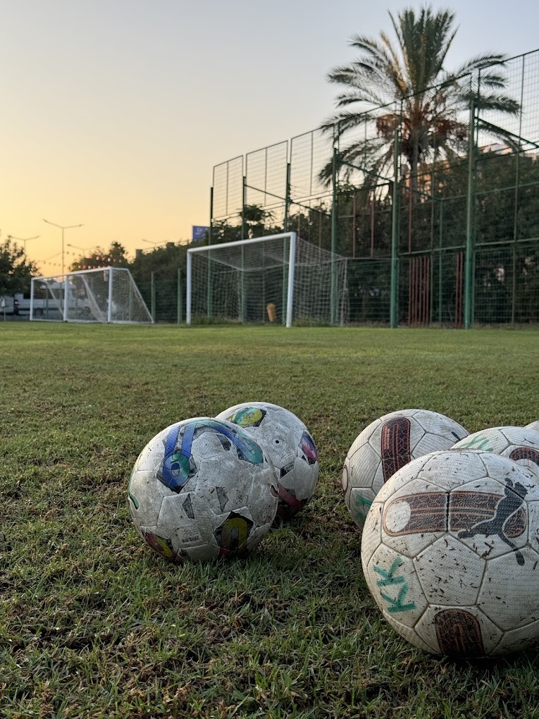 Fußbälle fürs Training auf Rasen mit kleinen Toren und eingezäuntem Platz bei Sonnenuntergang.