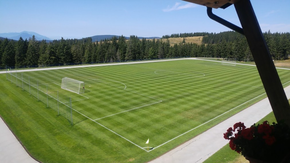 Panoramablick auf einen großen Rasenfußballplatz neben bewaldeten Hügeln.
