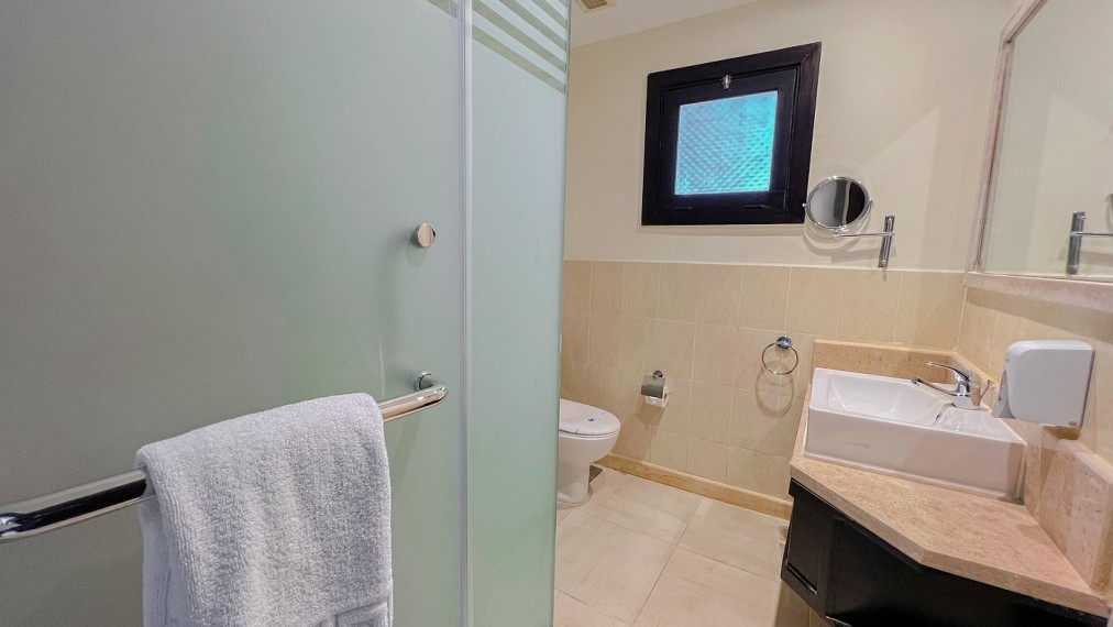 Modernes Badezimmer mit beigefarbenen Fliesen, Glastürdusche und Waschbecken auf Ablagefläche