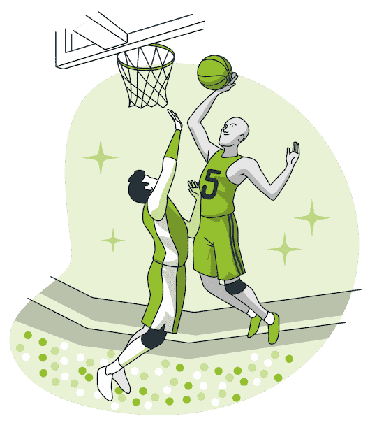 Zwei Basketballspieler spielen ein Match. Grüner Hintergrund mit Zuschauern dahinter.