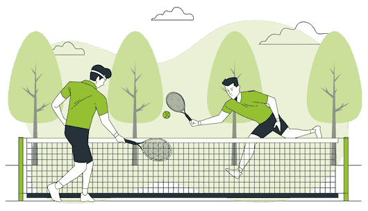 Zwei Tennisspieler spielen ein Match. Grüner Hintergrund mit einem Wald und einigen Wolken.