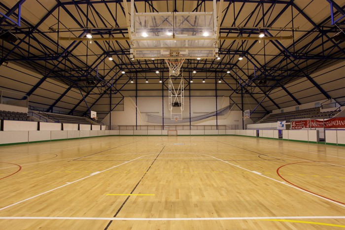 Vue centrale d'un terrain intérieur avec panier de basket, parquet et haut toit arqué.