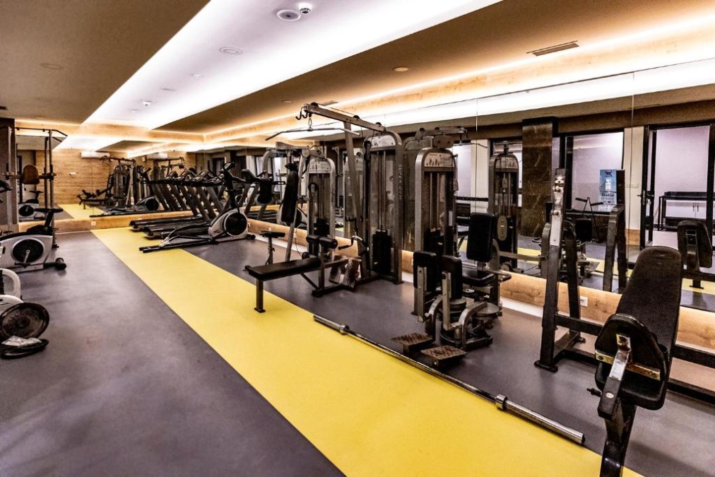 Salle de sport intérieure avec tapis de course, appareils de musculation, bancs et mur miroir pour l'entraînement.