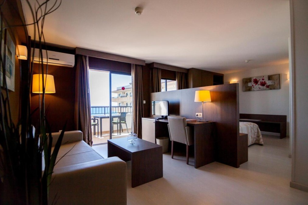 Chambre ouverte avec canapé, bureau, TV et coin nuit.