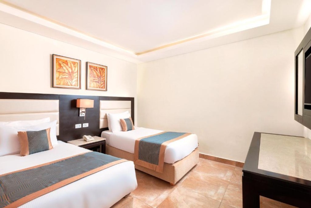Chambre d'hôtel lumineuse avec deux lits simples, décoration murale, télévision et décor neutre