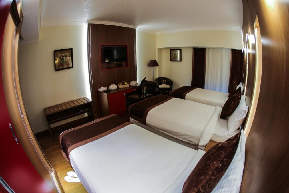 Chambre twin avec deux lits simples, espace bureau et télévision murale.